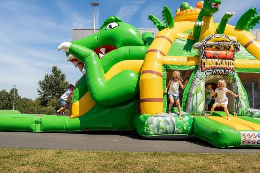 Hüpfburg im Dinosaurier Motto, Nahaufnahme vom Eingang