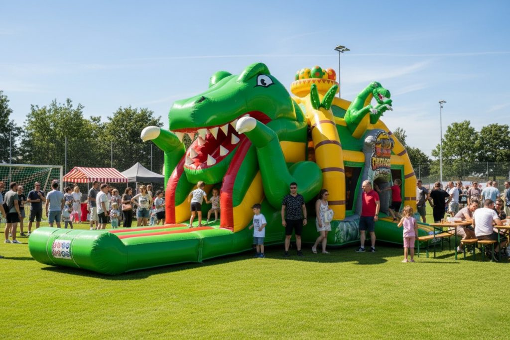 Hüpfburg im Dinosaurier Motto, mit vielen Leuten herum und Kindern drauf