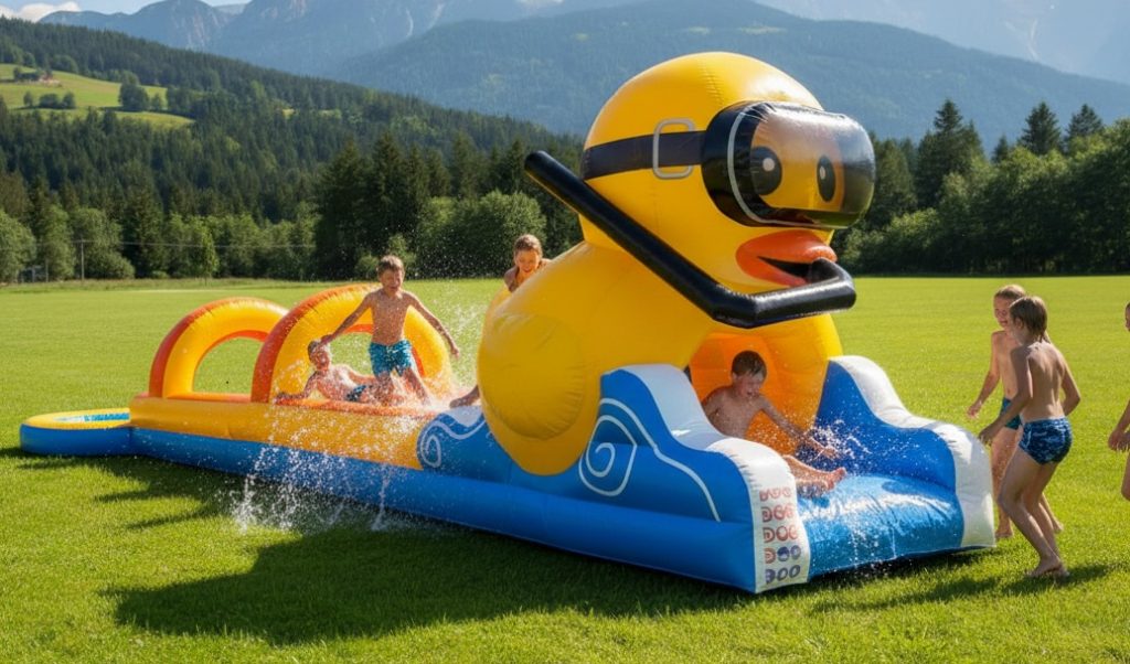 Bauchrutsche Gummin Ente mit Kinder die gerade rutschen auf eine Wiese