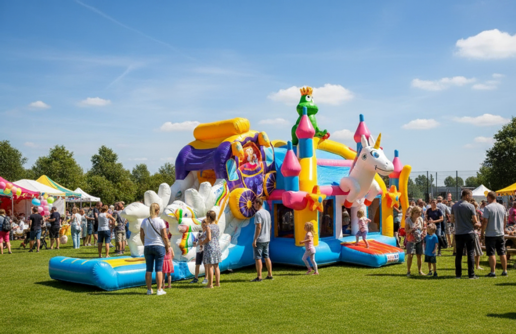 Hüpfburg im Einhorn Motto mit Kindern und Eltern drum rum