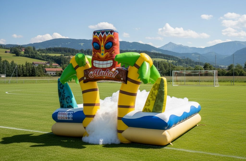 eine aufblasbare Schaumparty auf einem Feld