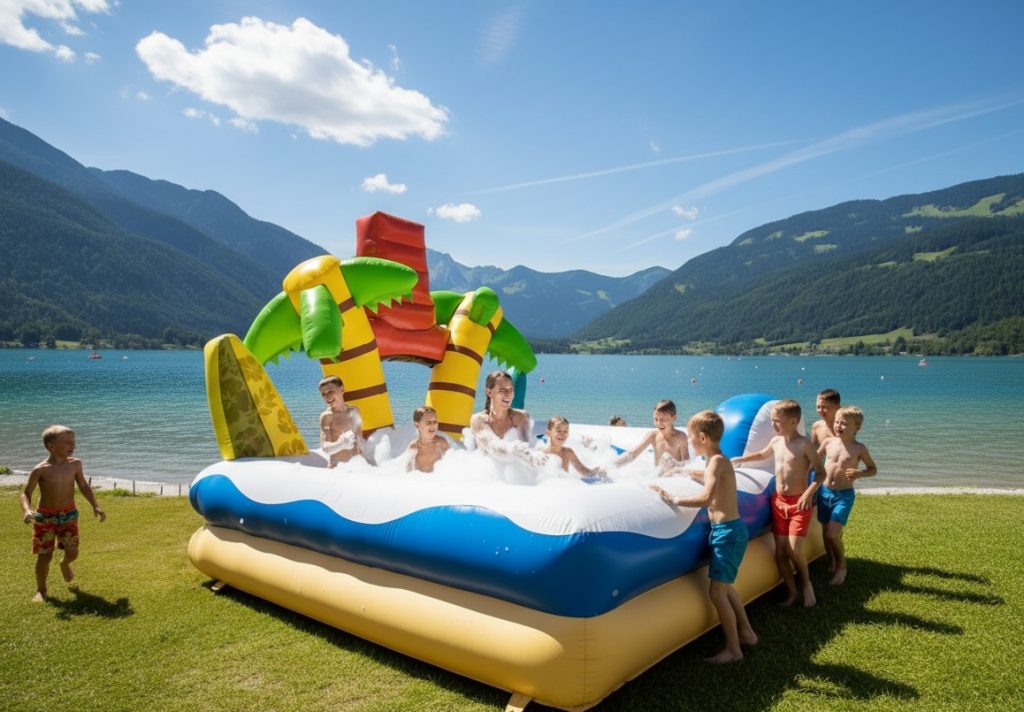 eine aufblasbare Schaumparty an einem See mit Kindern
