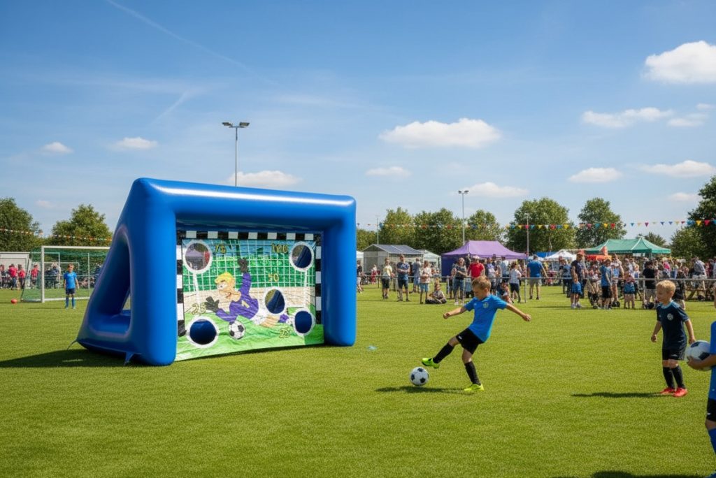 ein aufblasbares Tor in das Kinder schießen können mit Löchern