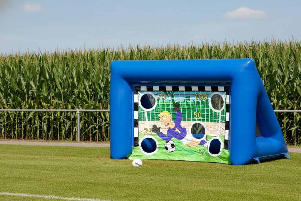 ein aufblasbares Tor in das Kinder schießen können mit Löchern