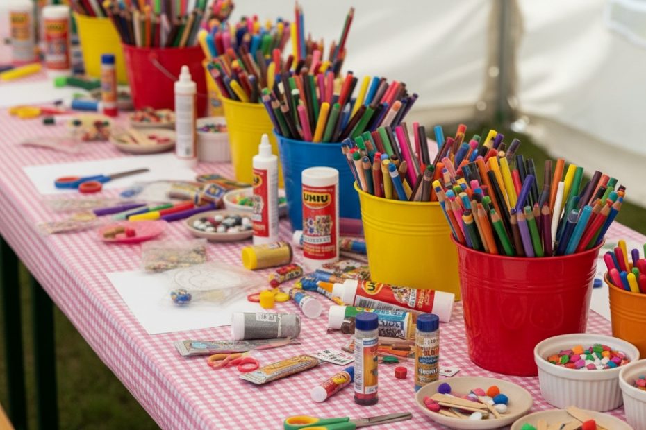 Ein Mal und Basteltisch mit viel Materialien und Papier, Schweren und UHU