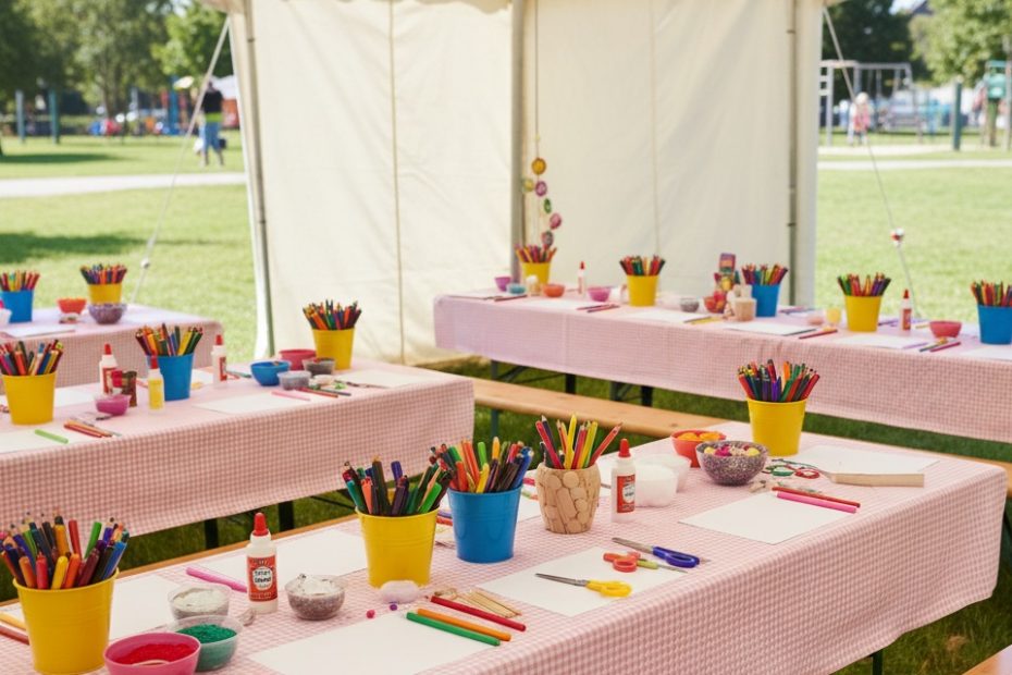 Ein Mal und Basteltisch in einem Zelt mit Bänken und einer großen Auswahl an Materialien