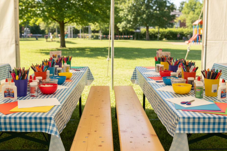 Ein Mal und Basteltisch in einem Zelt mit Bänken und einer großen Auswahl an Materialien