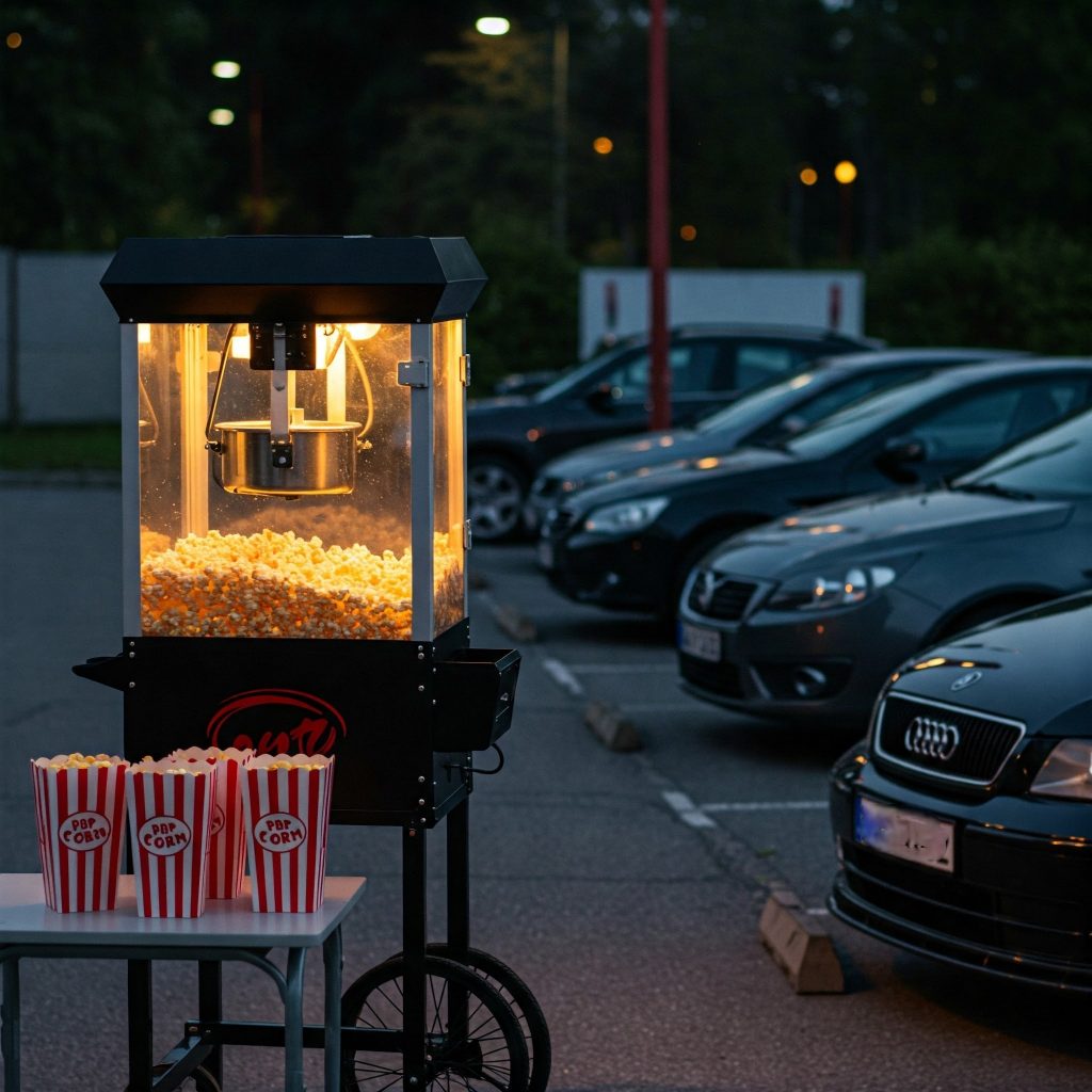Popkornmaschine bei einem Autokino am Abend