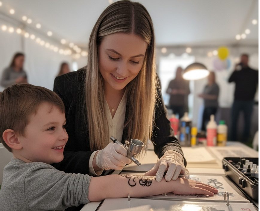 Eine Airbrush Artistin die einem Kind ein ein airbrush Tatoo macht