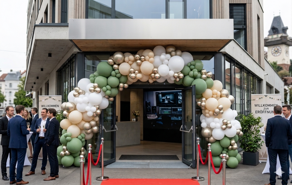 Eröffnungsfeier mit einem Balloon-Bogen von Ländle Event und Stehtischen
