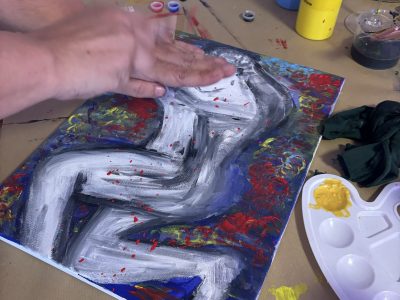 Paint and Drink Event von Ländle Event. Gemaltes Bild einer Teilnehmerin: Abstraktes Bild eines Mannes